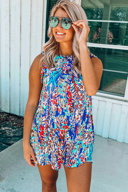 Floral Print Tank Top With Ruffles | Blue