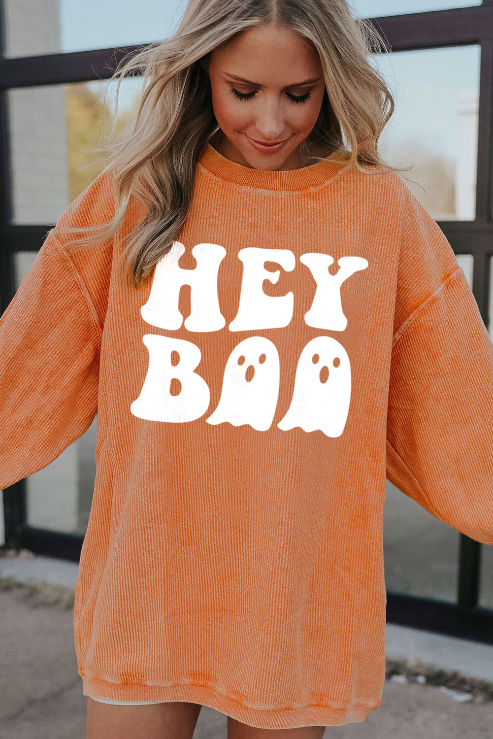 Halloween Hey Boo Ghost Print Loose Sweatshirt | Orange