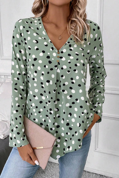 Polka Dot Print Button Front V Neck Blouse | Green