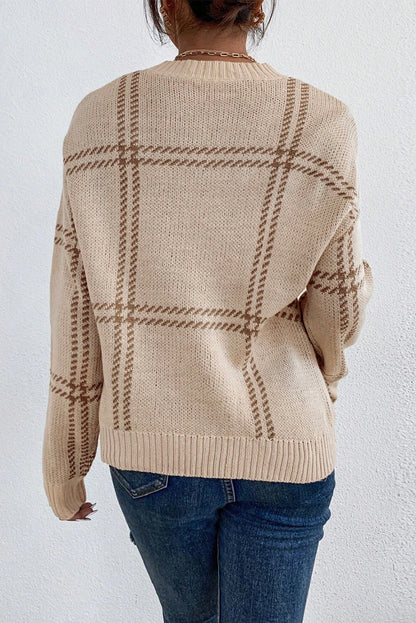 Plaid Pattern Knitted Drop Shoulder Sweater | Khaki