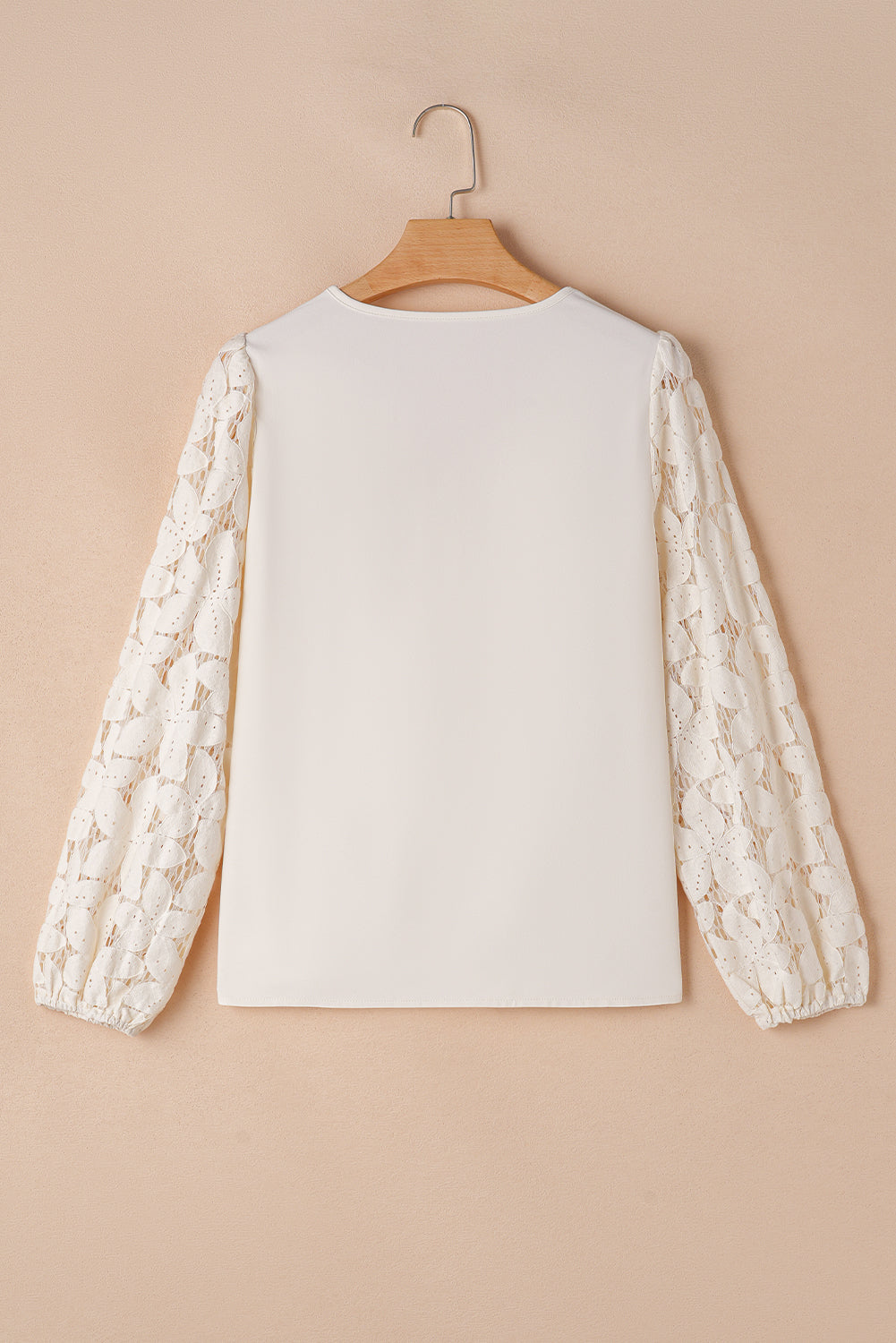 Scalloped V Neckline Lace Hollowed Lantern Sleeve Blouse | White