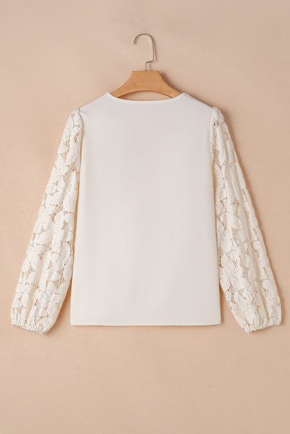 Scalloped V Neckline Lace Hollowed Lantern Sleeve Blouse | White