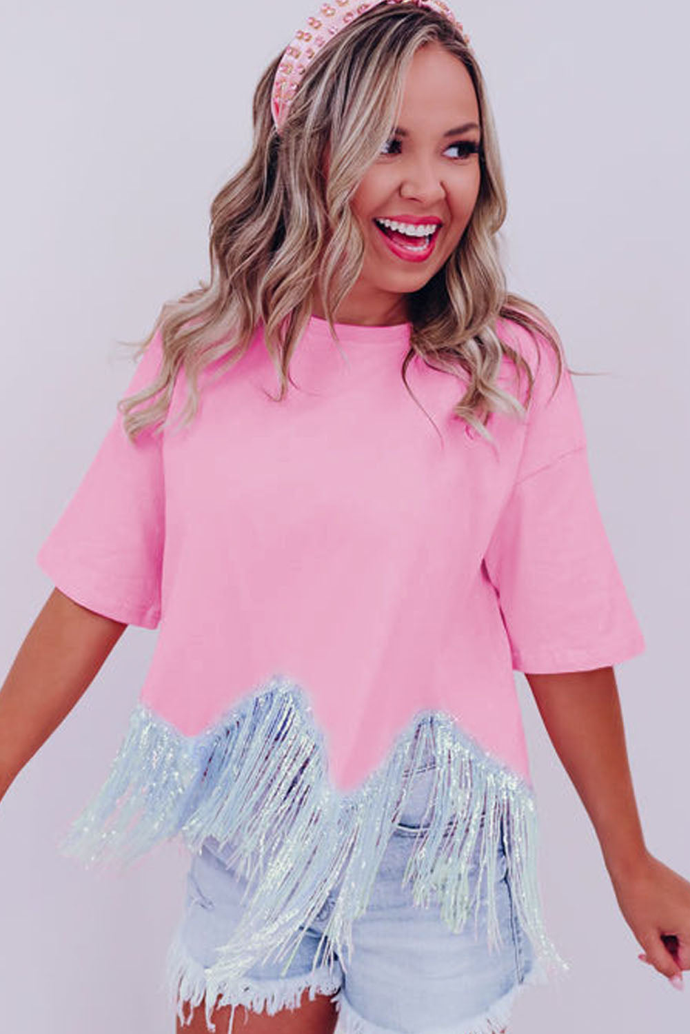 Fringed Sequin Crop T-Shirt | Pink