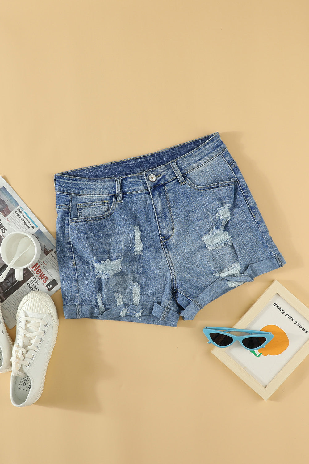 Vintage Faded And Distressed Denim Shorts | Sky Blue