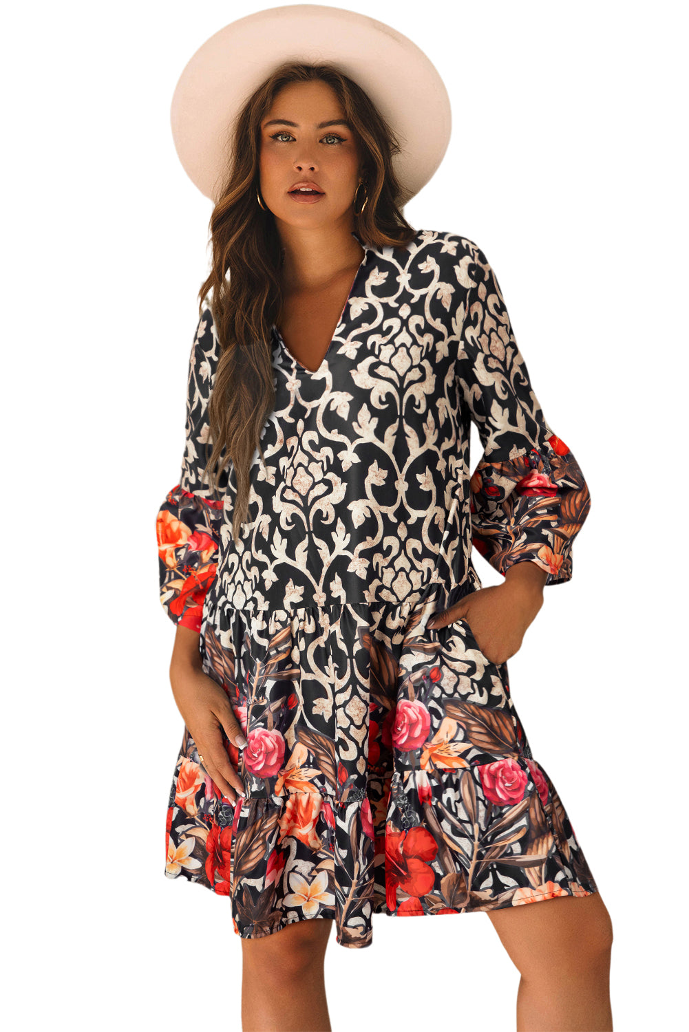 Retro Floral Mixed Print Split Neck A-Line Dress | Black