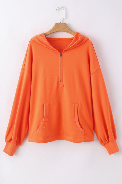 Solid Kangaroo Pocket Half Zipper Oversized Hoodie | Orange