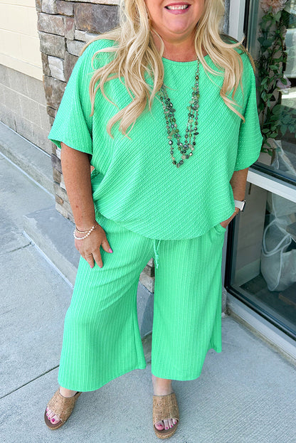 Textured Batwing Sleeve Tee Wide Leg Pants Plus Size Set | Mint Green