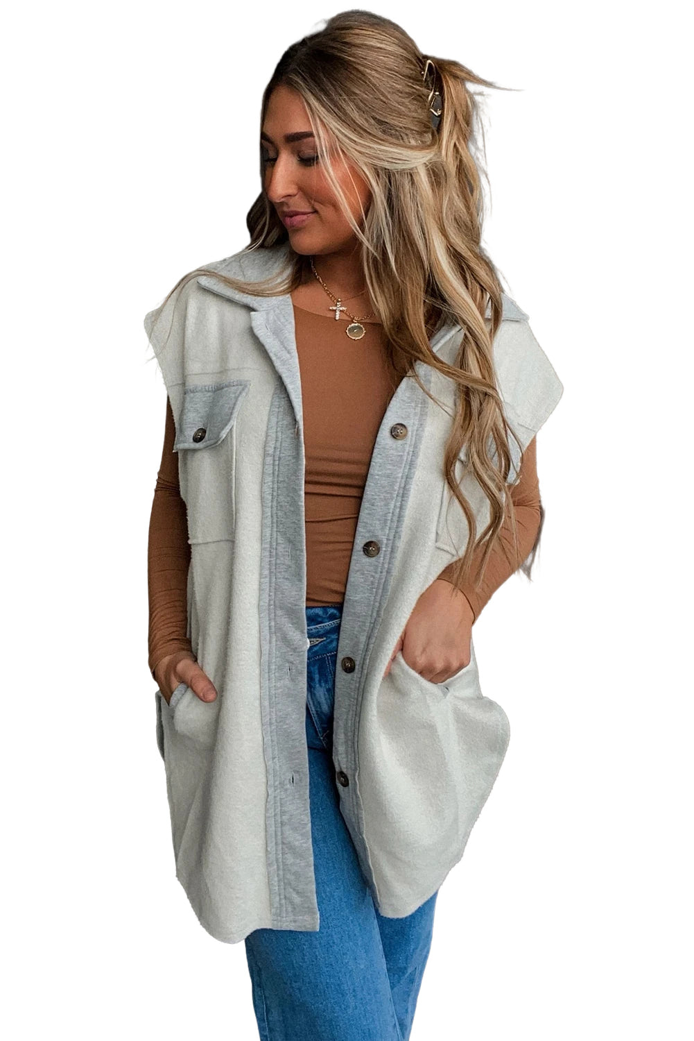 Flap Pockets Contrast Buttons Front Jacket Vest | Light Grey