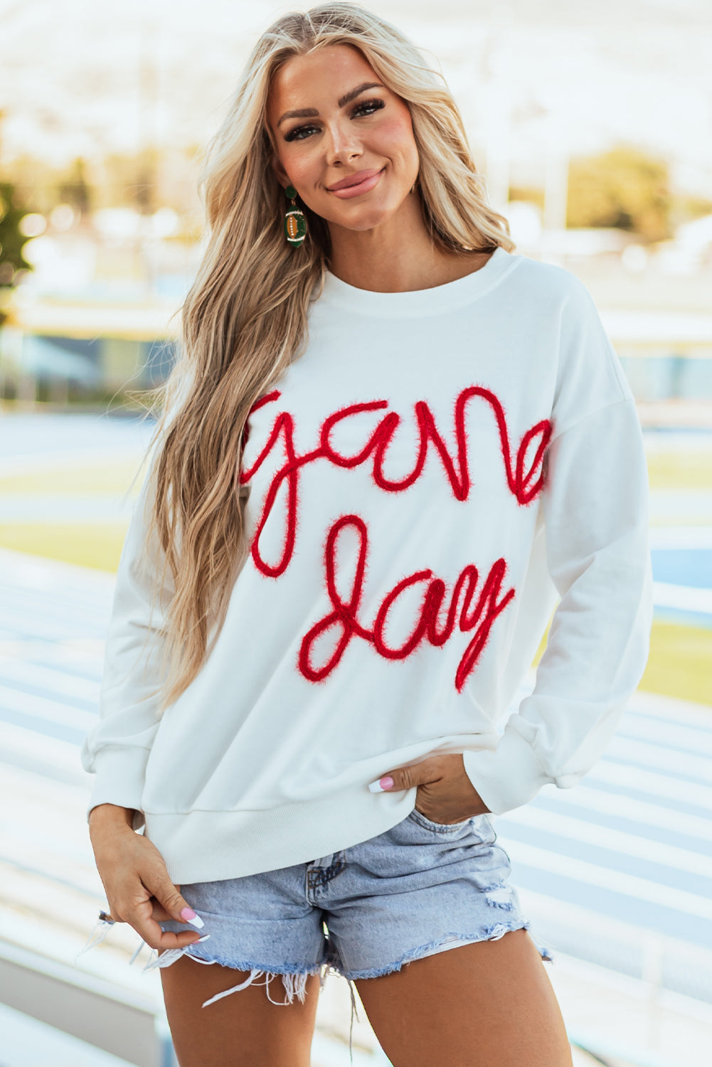 Tinsel Game Day Drop Shoulder Graphic Sweatshirt | White