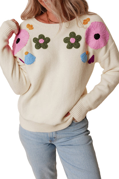 Knitted Flower Pattern Ribbed Edge Sweater | Beige