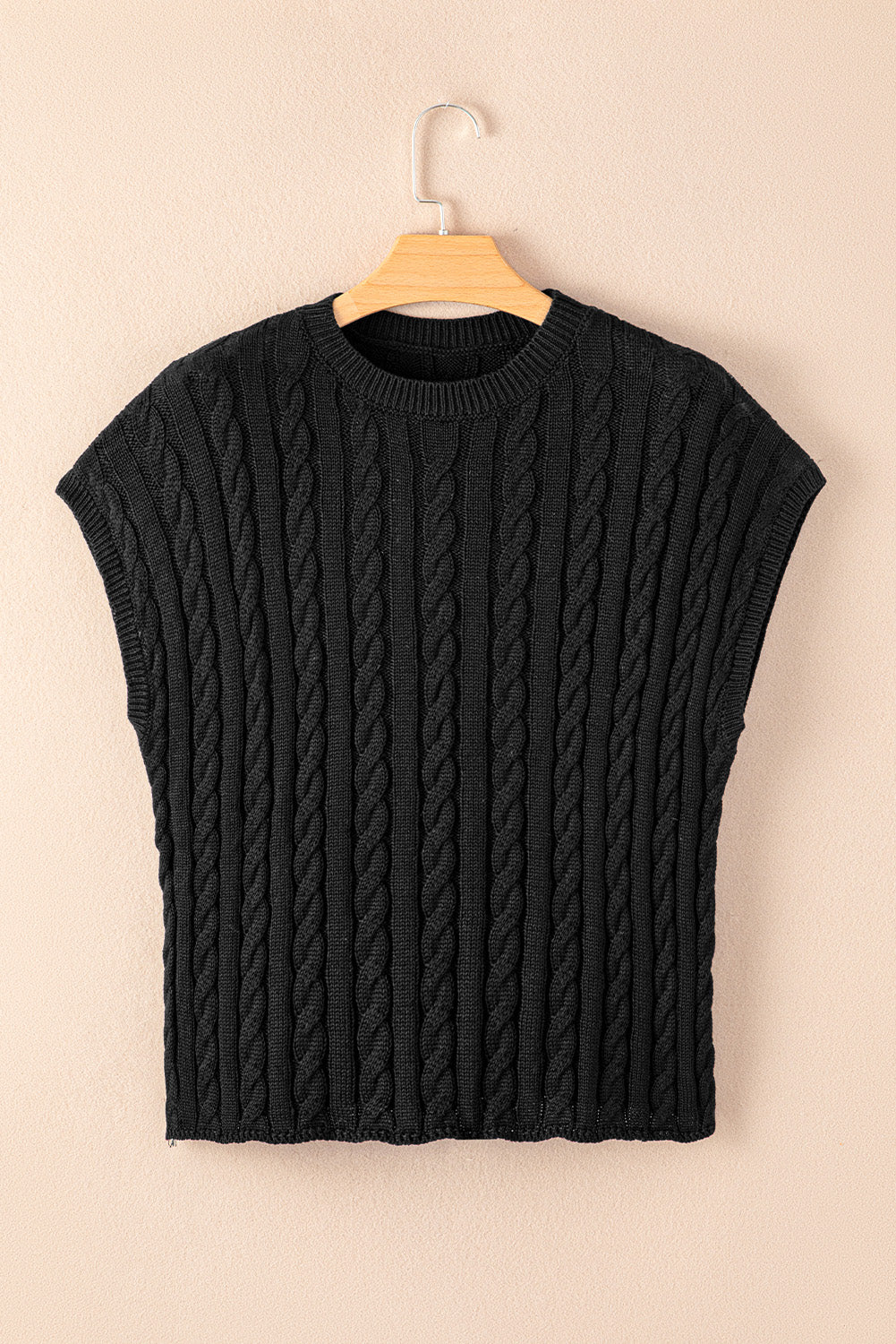 Crew Neck Cable Knit Short Sleeve Sweater | Black