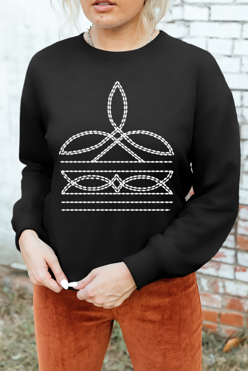 Western Pattern Print Round Neck Pullover Sweatshirt | Black