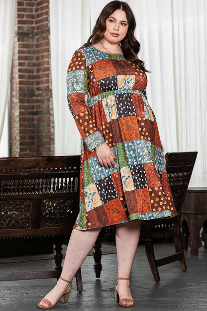 Multicolour Western Checkered Plus Size Swing Dress | Green Printed