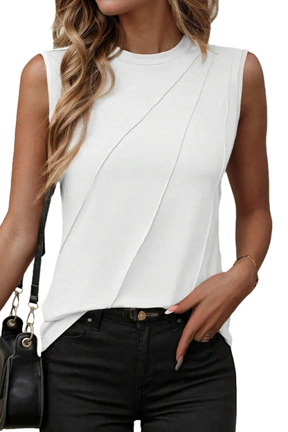 Crew Neck Pleated Tank Top | White