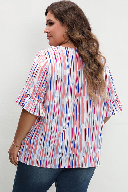 Ruffled Short Sleeve Plus Size Blouse | White Stripe