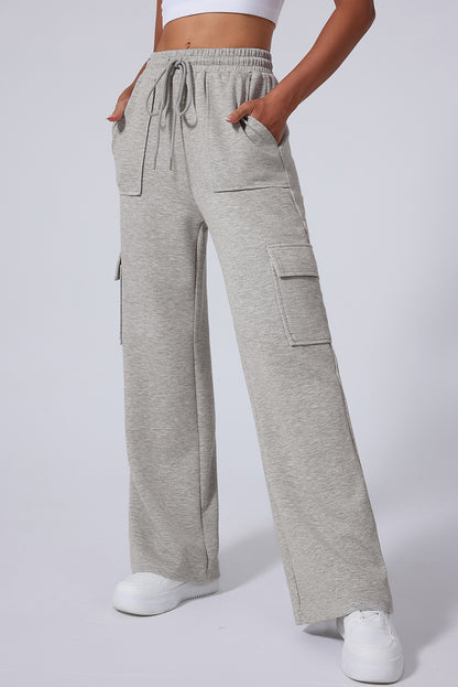 Multi Pockets Lace-Up High Waist Wide Leg Workout Pants | Light Grey