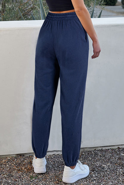 Solid Colour Fleece Lined Drawstring Waist Joggers | Navy Blue