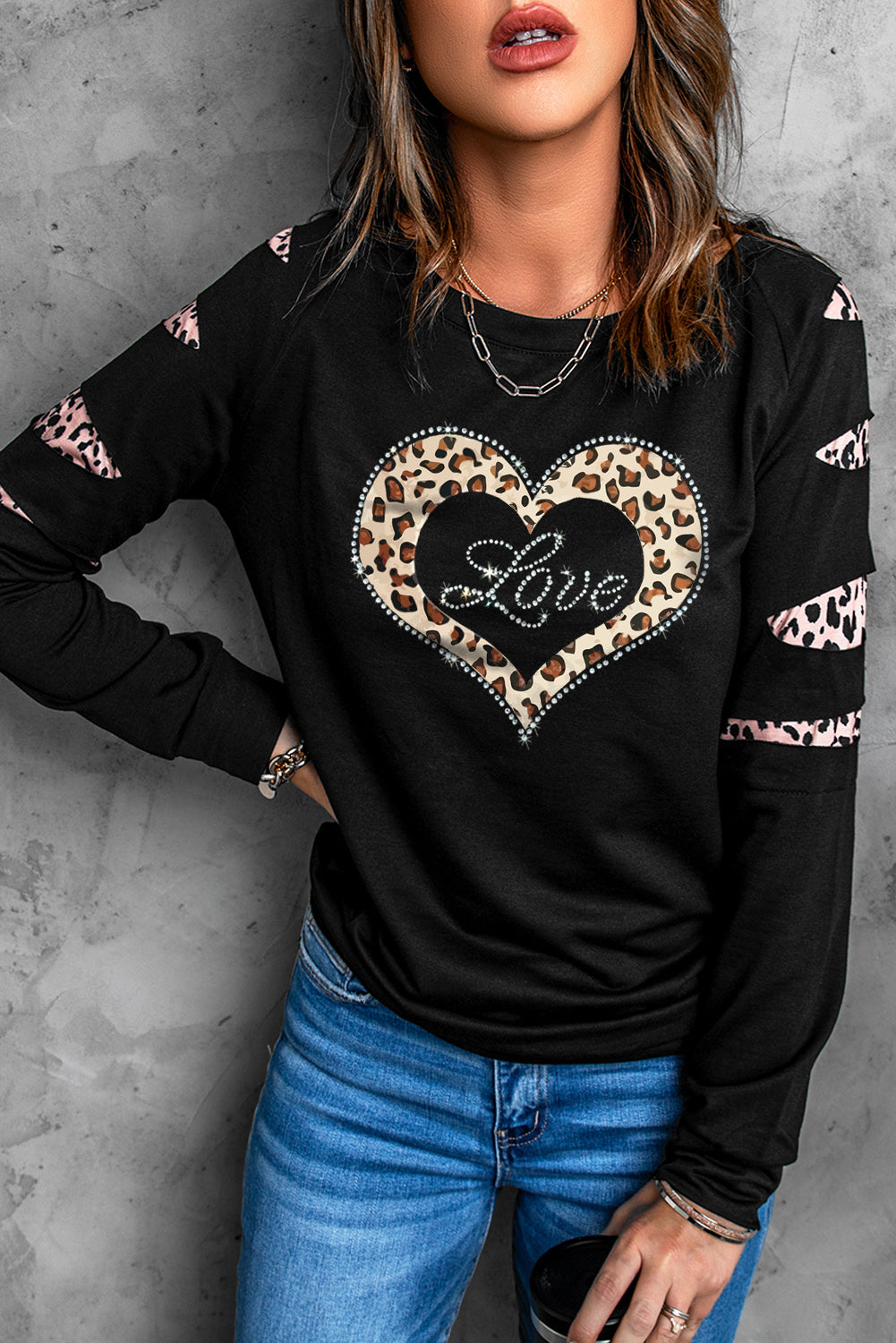 Leopard Rhinestone Heart Graphic Slash Sleeve Sweatshirt | Black