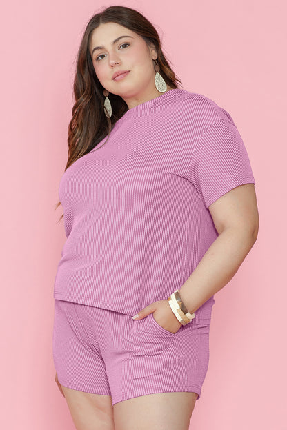 Ribbed Knit T Shirt And Shorts Plus Size Lounge Set | Phalaenopsis