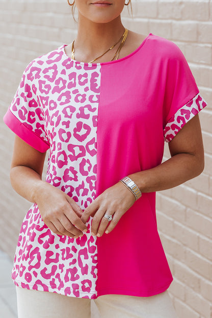 Half Leopard Patchwork Short Sleeves Top | Rose