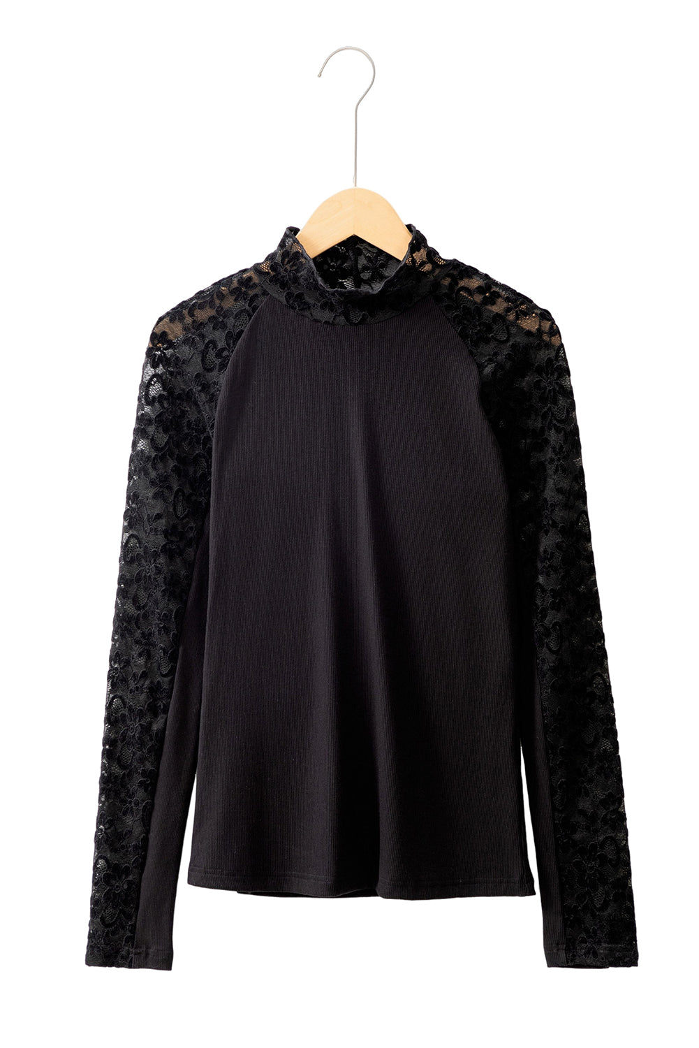 Floral Lace Patchwork Long Sleeve High Neck Slim Top | Black