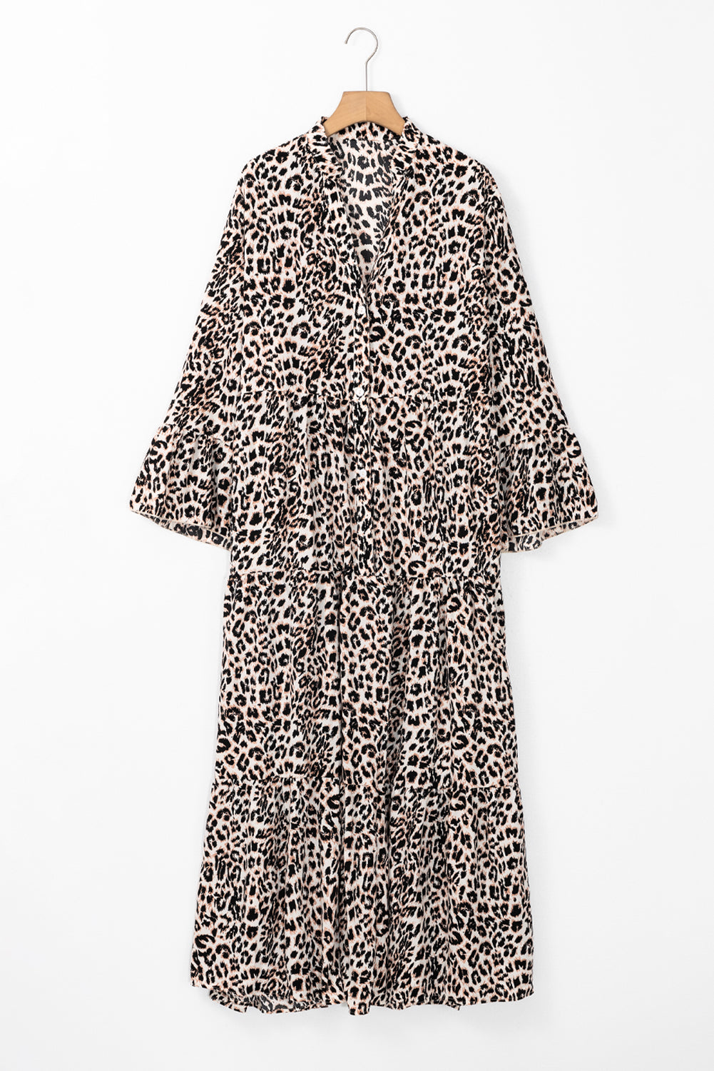 Leopard Print Tiered Wide Sleeve Maxi Dress | Apricot