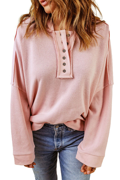 Casual Button Solid Patchwork Trim Hoodie | Pink