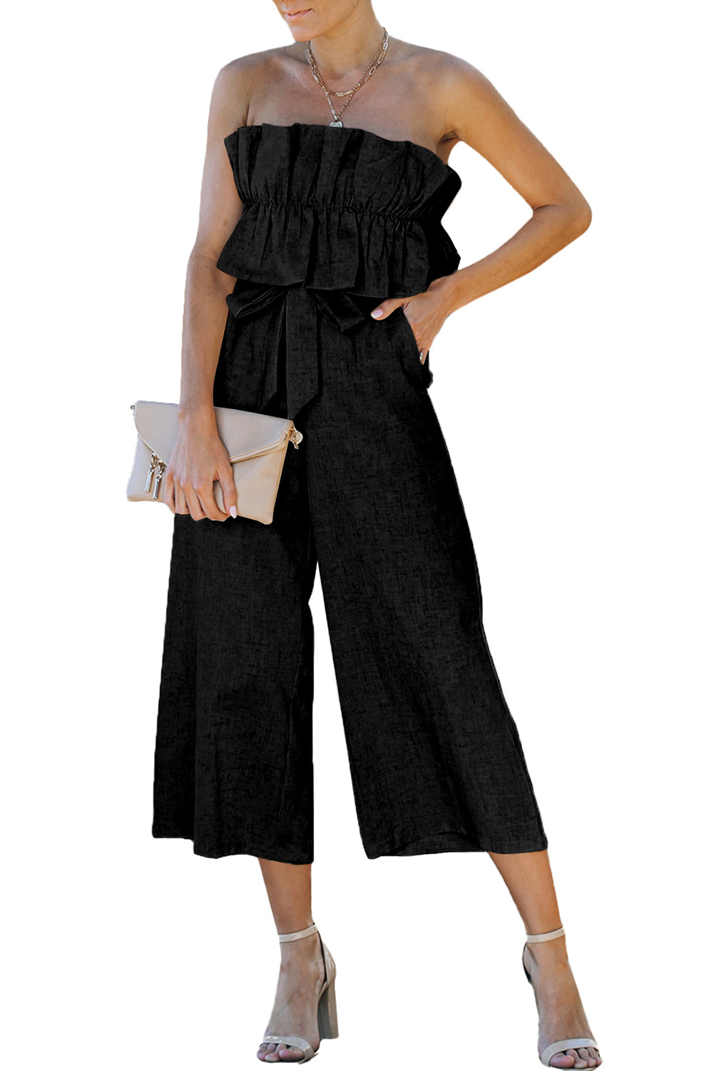 Ruffled Strapless Wide Leg Jumpsuit | Black