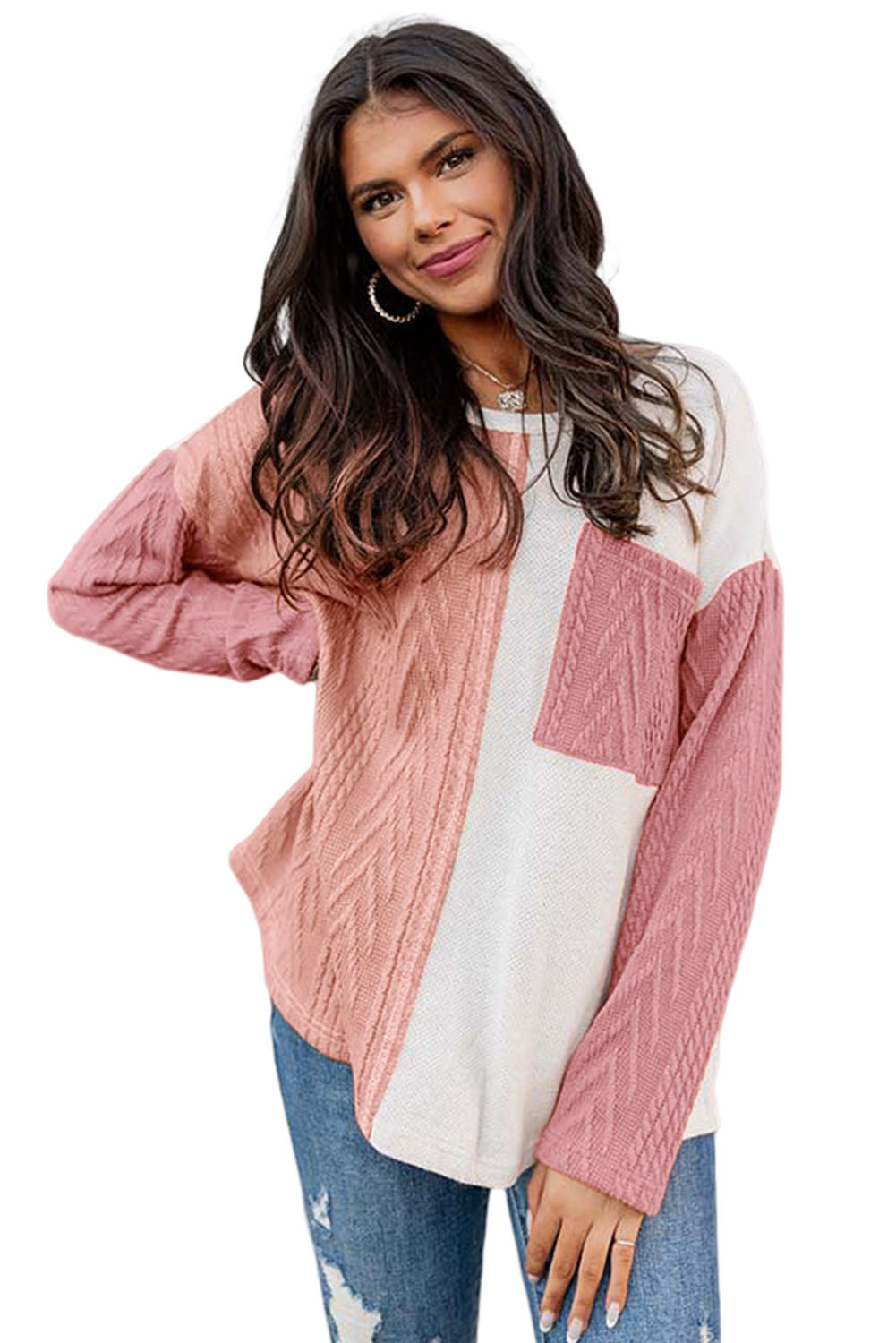 Long Sleeve Colourblock Chest Pocket Textured Knit Top | Peach Blossom