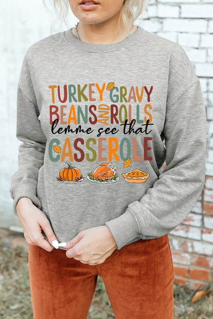 Thanksgiving Slogan Pumpkin Turkey Pie Graphic Sweatshirt | Gray