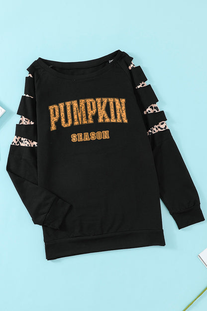 Leopard Pumpkin Season Graphic Ripped Sleeve Sweatshirt | Black