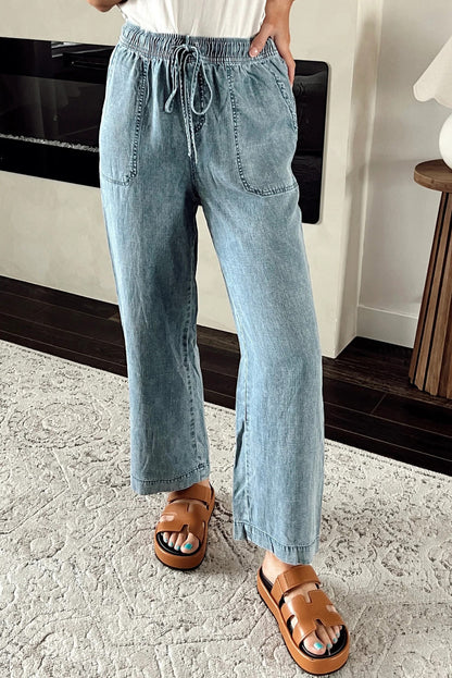 Mineral Wash Drawstring Waist Loose Straight Denim Pants | Myosotis