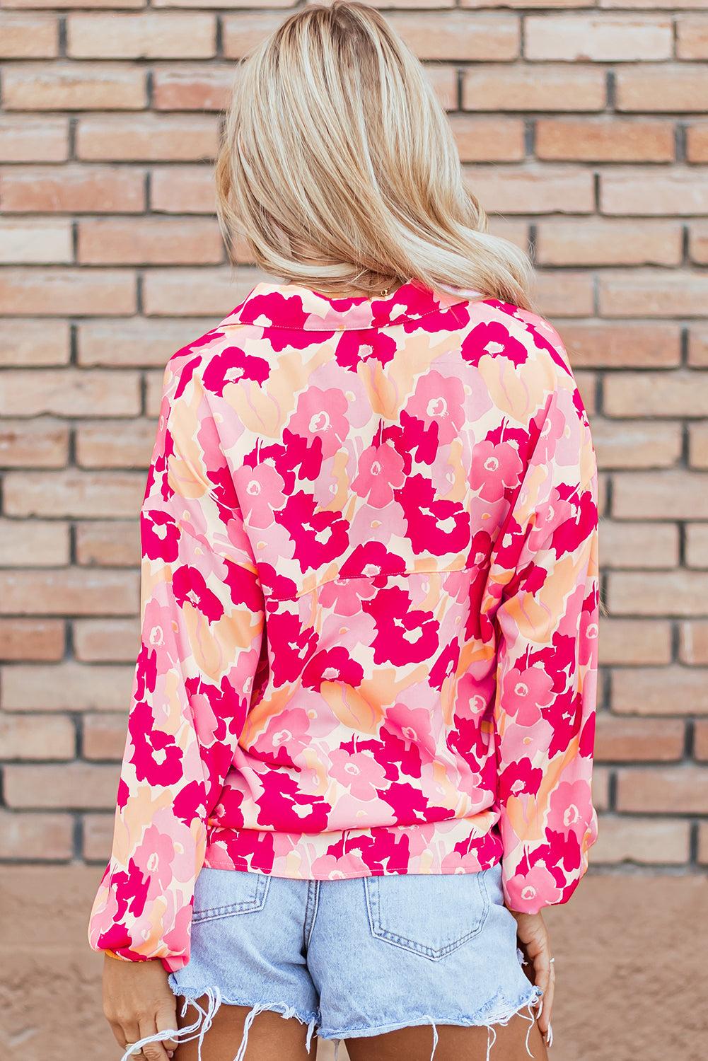 Blooming Floral Print Puff Sleeve Buttoned Shirt | Pink