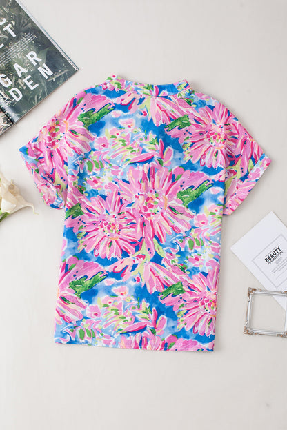 Abstract Floral Print Notch V Neck Rolled Short Sleeve Blouse | Pink