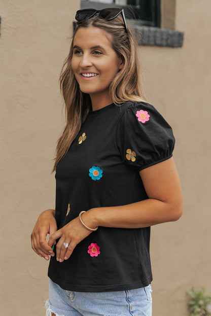 Embroidered Flower Short Puff Sleeve Tee | Black