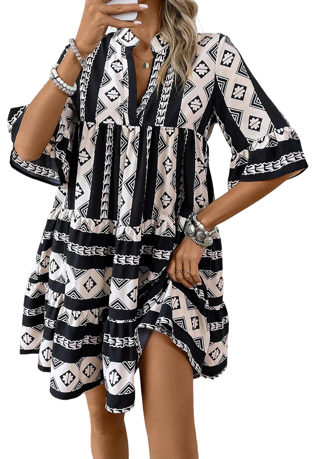 Geometric Print V Neck Ruffled Dress | Black