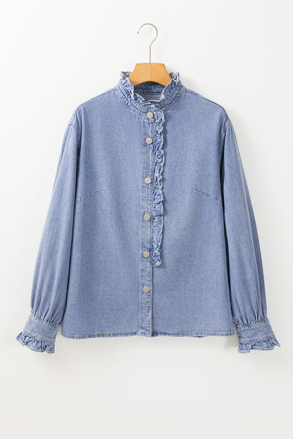 Ruffled Long Sleeve Buttoned Denim Shirt | Beau Blue