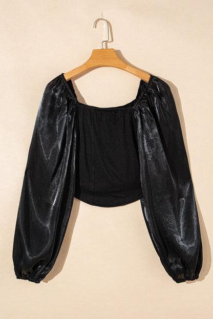 Sheer Lantern Sleeve Square Neck Top | Black