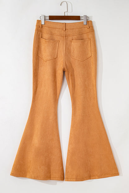 Exposed Seam Flare Suede Pants With Pockets | Brown