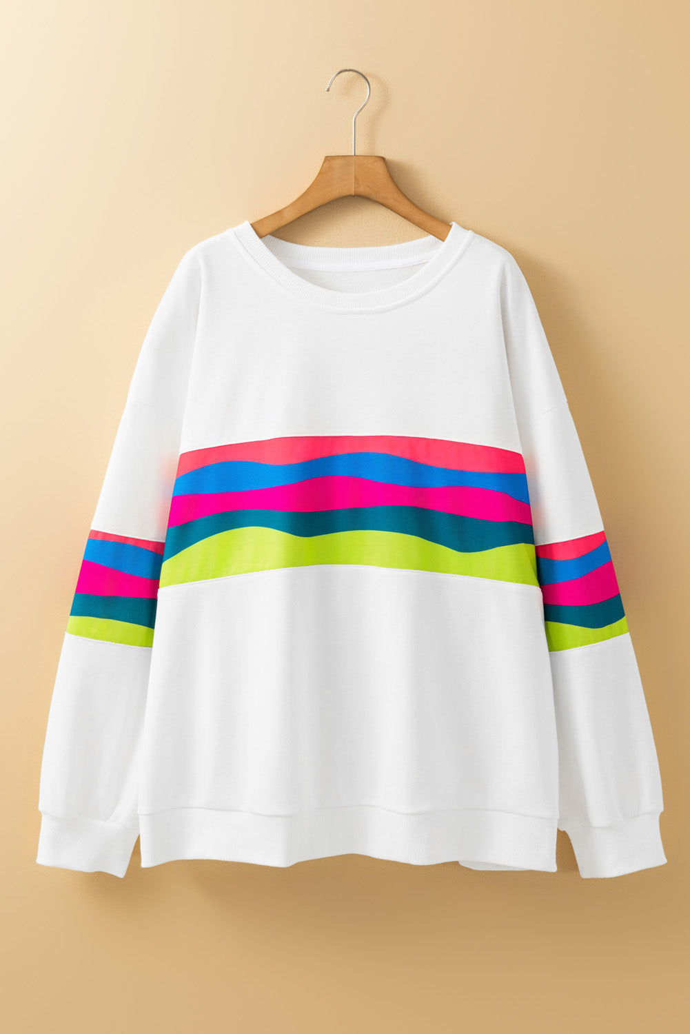 Plus Size Colourful Striped Drop Shoulder Loose Sweatshirt | White