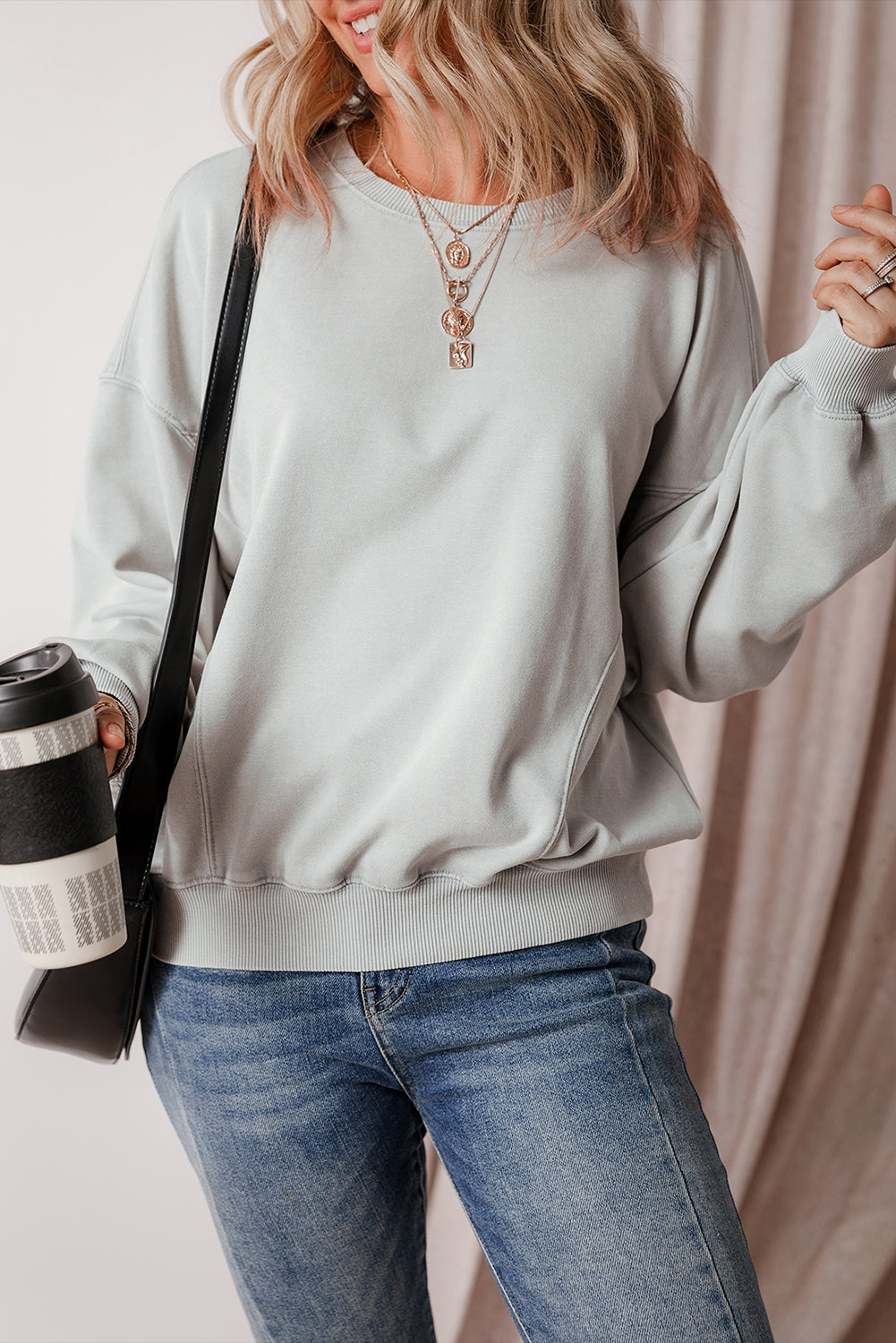 Exposed Seam Batwing Sleeve Drop Shoulder Sweatshirt | Gray