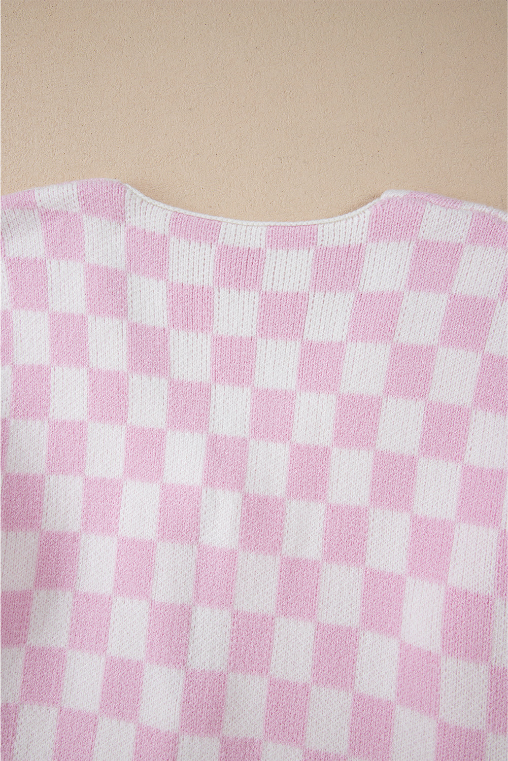 Checkered Knitted Lace-Up Ruffled 3/4 Sleeve Cardigan | Light Pink