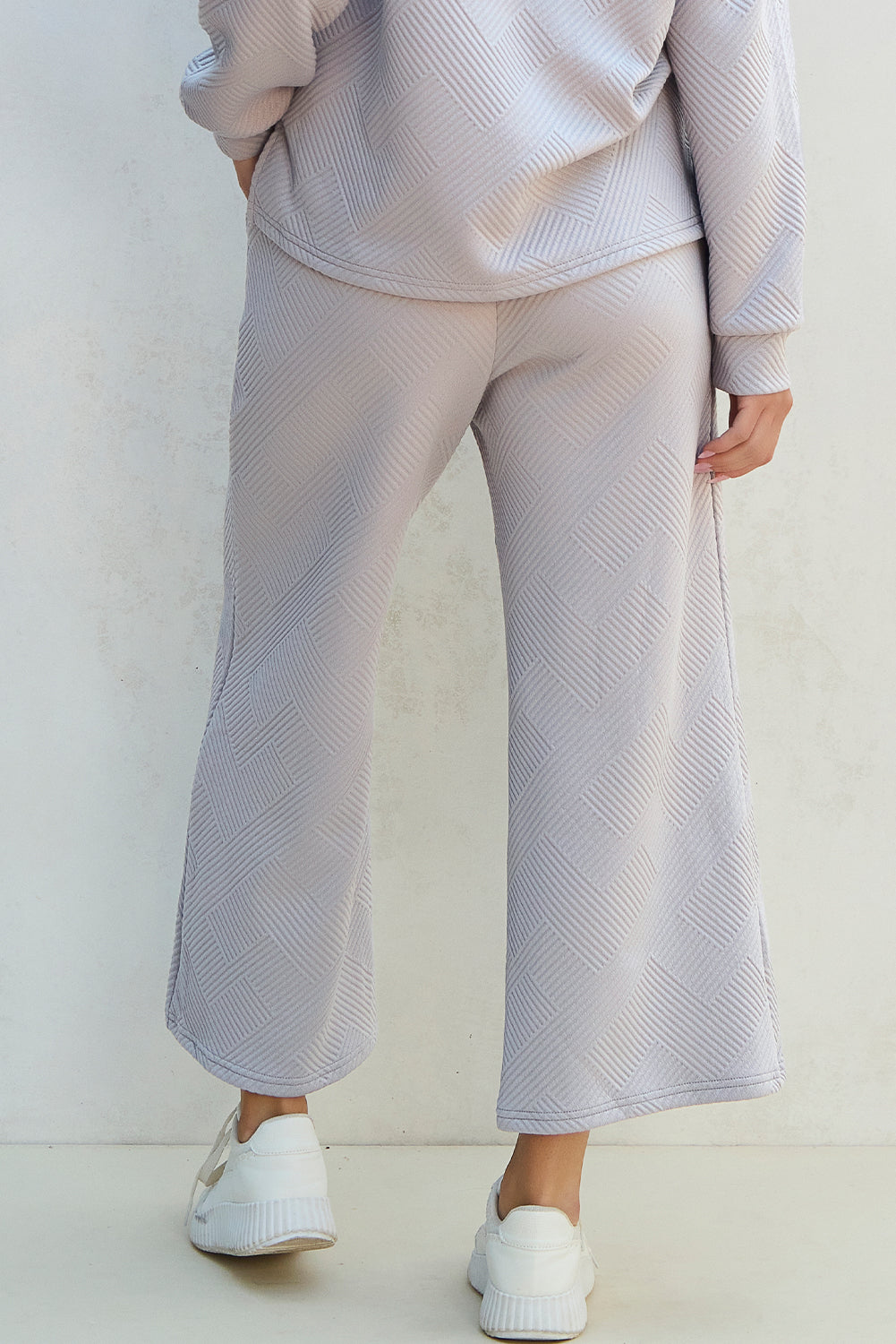 Solid Textured Collared V Neck Top And Wide Leg Pants Set | Light Grey