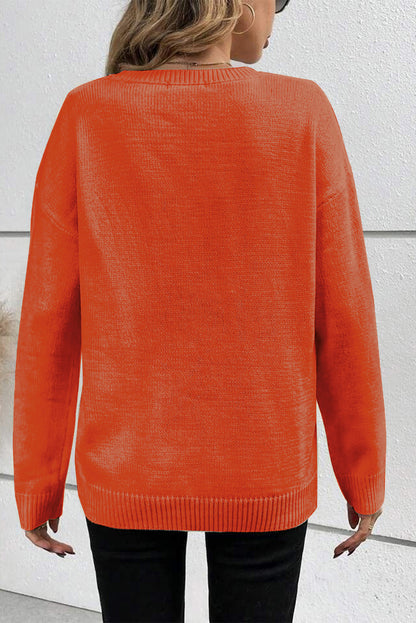 Boo Knitted Pattern Ribbed Edge Drop Shoulder Sweater | Orange