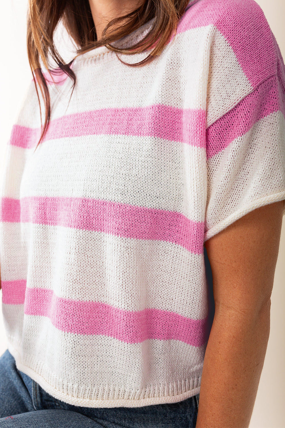 Dropped Short Sleeve Lightweight Knitted Top | Pink Stripe