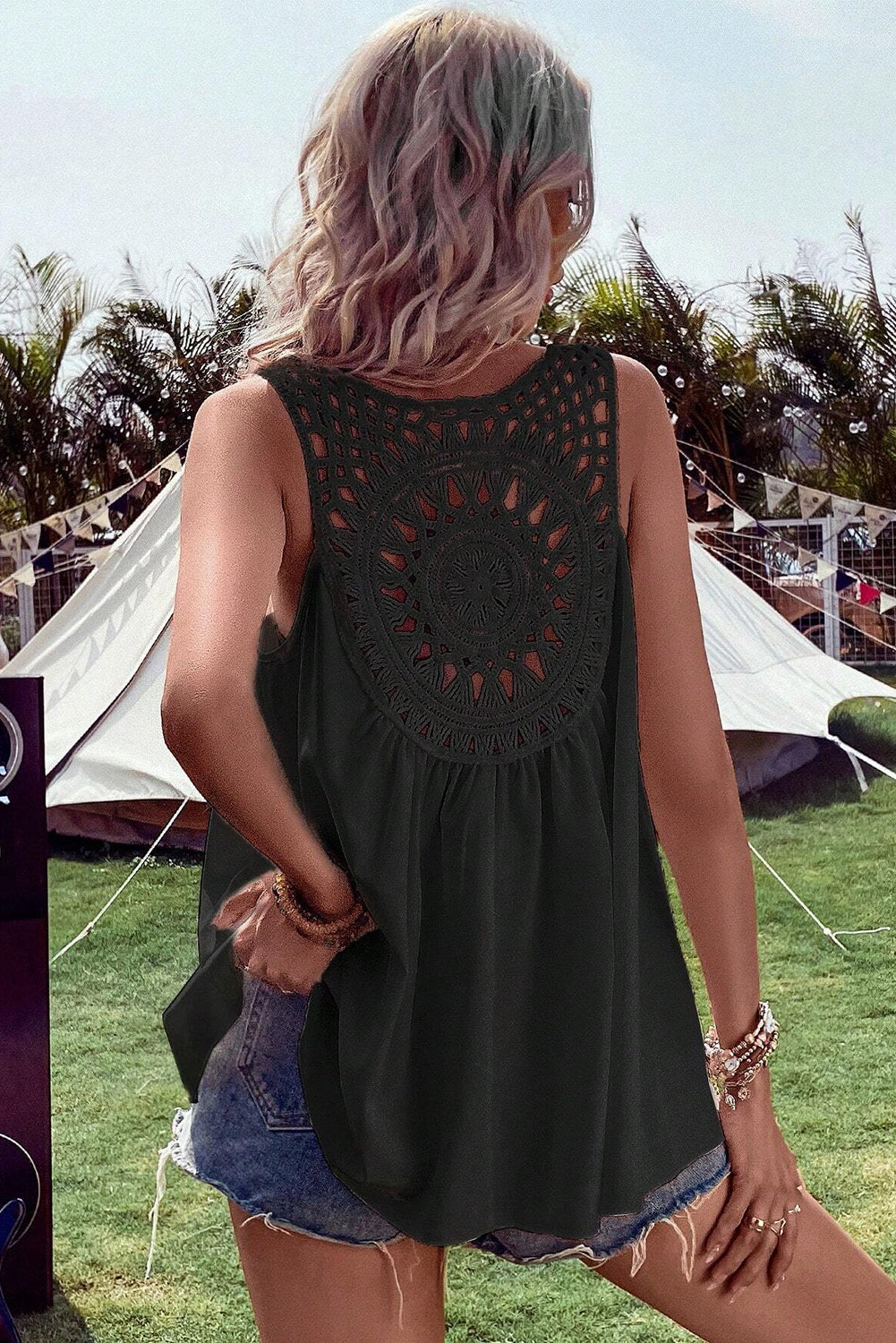 Bohemian Crochet Patchwork Sleeveless Tunic | Black