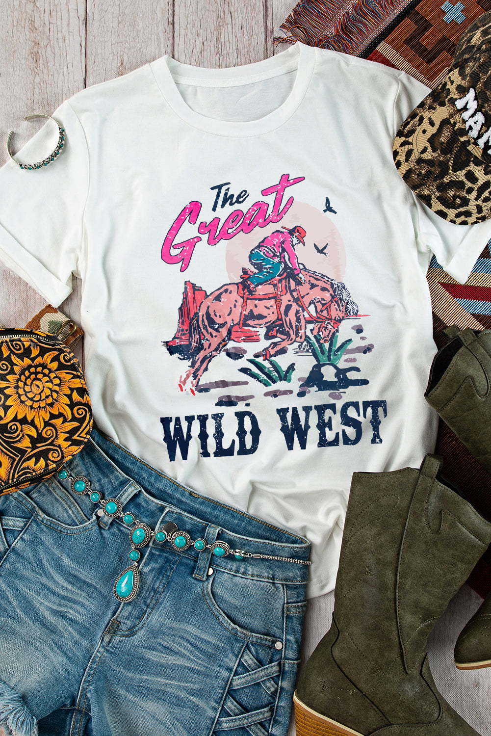 The Great Wild West Rodeo Graphic Crew Neck T Shirt | White