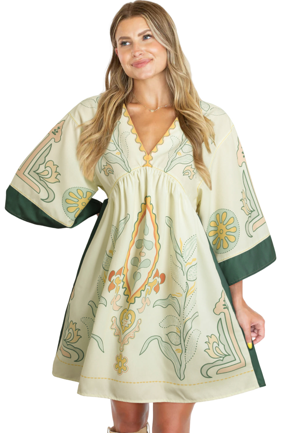 Boho Print V Neck Empire Waist Short Kimono Dress | Multicolour