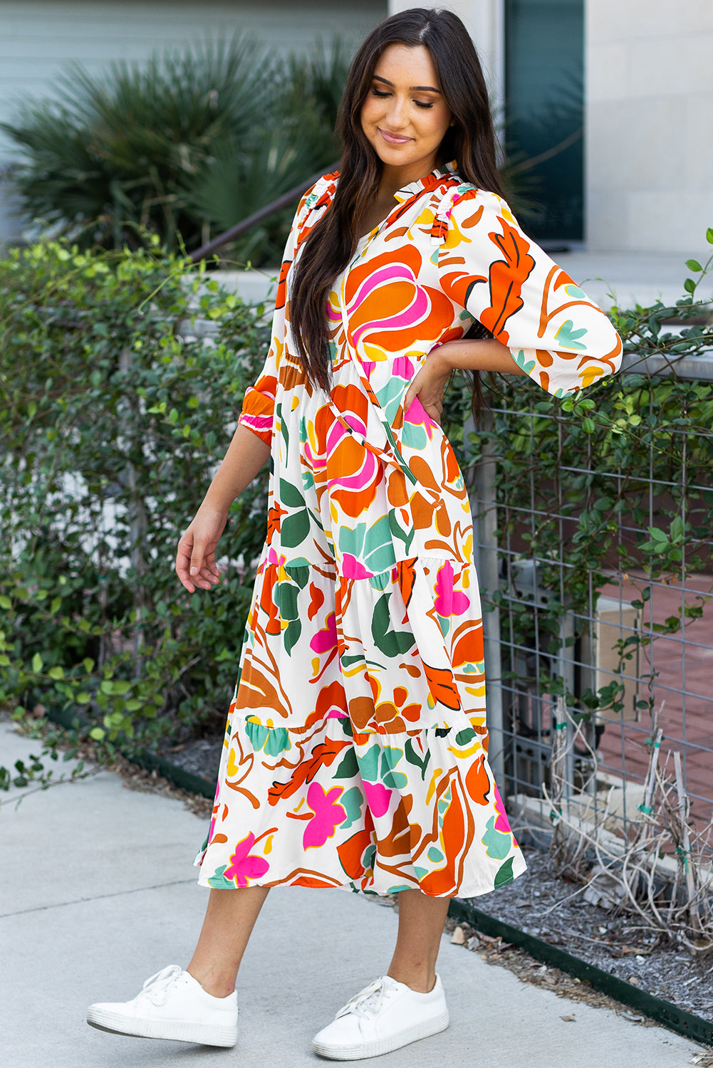 Floral Print Split V Neck Tiered Maxi Dress | Orange