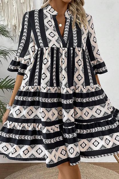 Geometric Print V Neck Ruffled Dress | Black